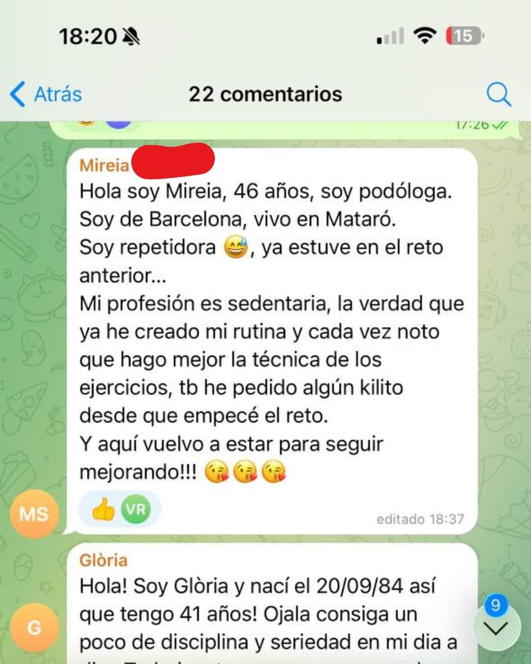 Testimonio 7 · mensaje real de una socia del Plan de Marta Vicu durante el proceso