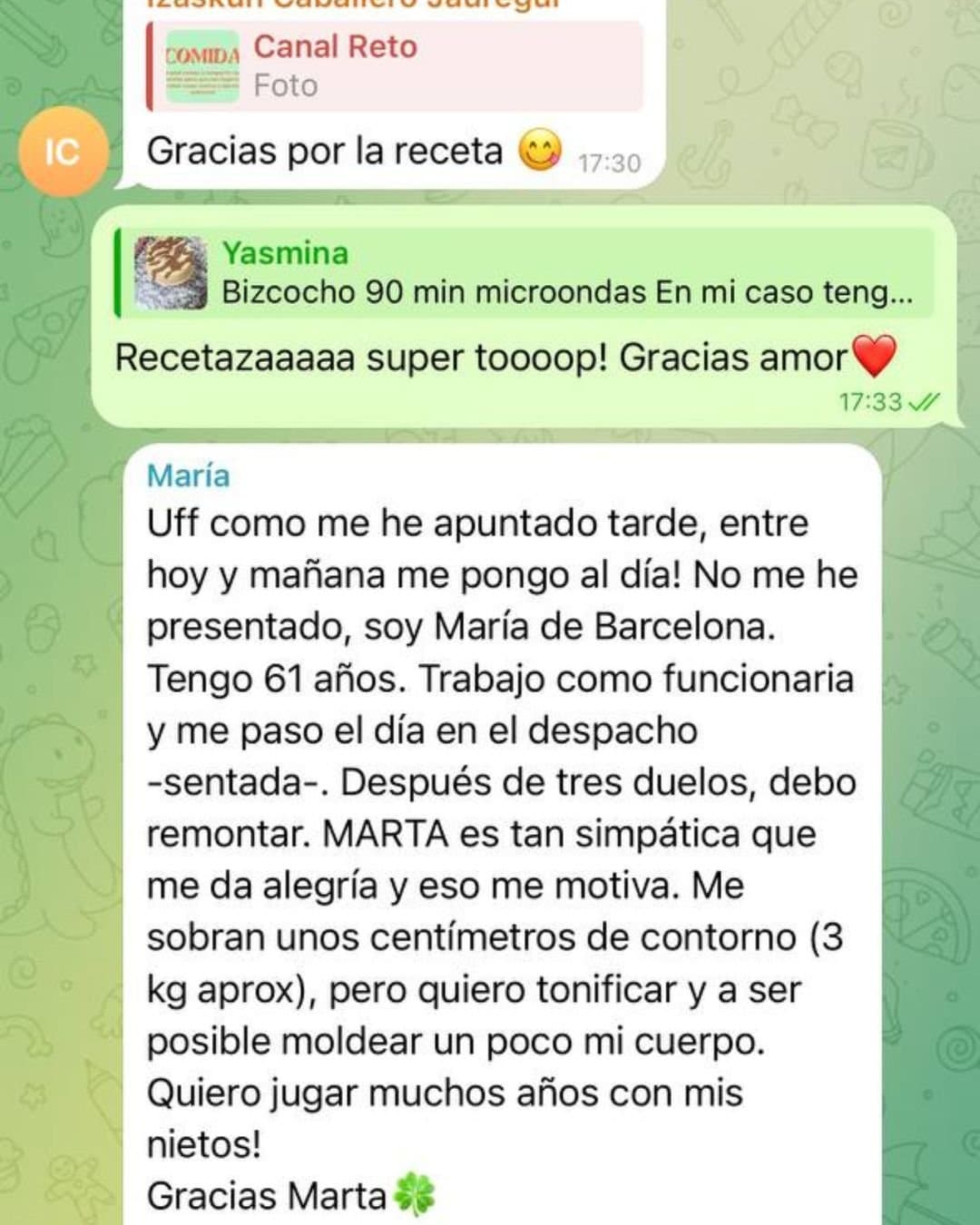 Testimonio 8 · mensaje real de una socia del Plan de Marta Vicu durante el proceso
